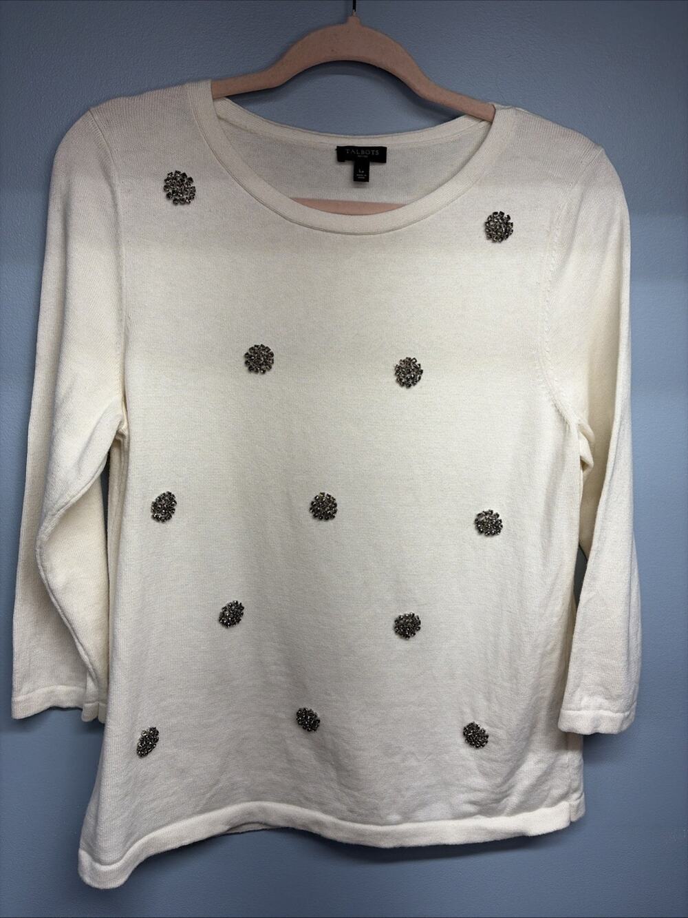Talbots Cream Sweater/Metallic Silver Sparkle Rhinestones - Silk Blend - Size LP